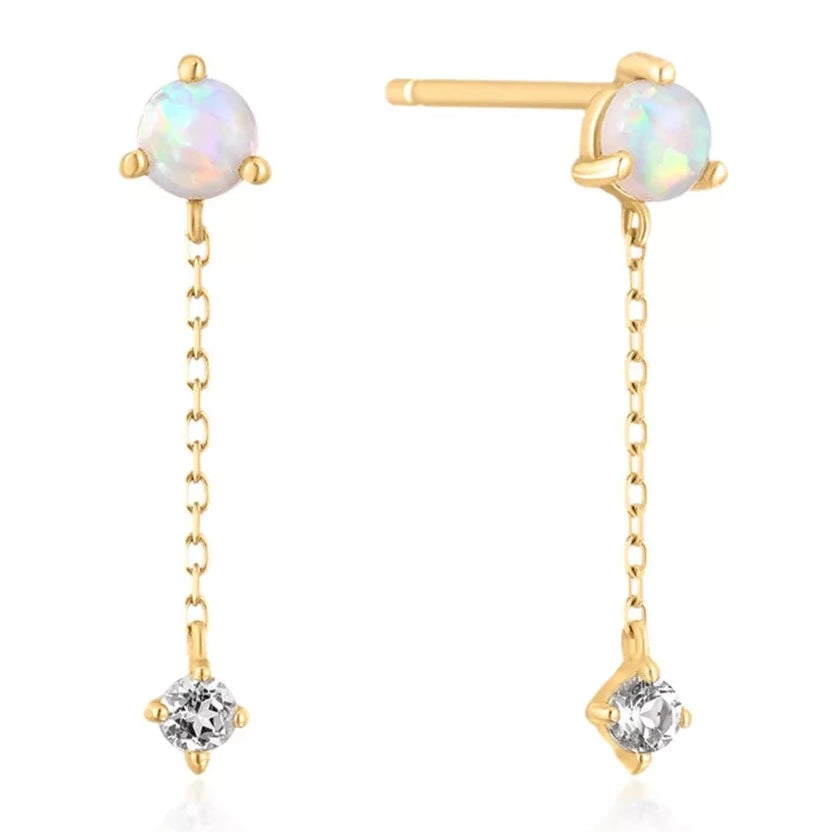 14K Solid Gold Dangle Earring, Opal & Topaz